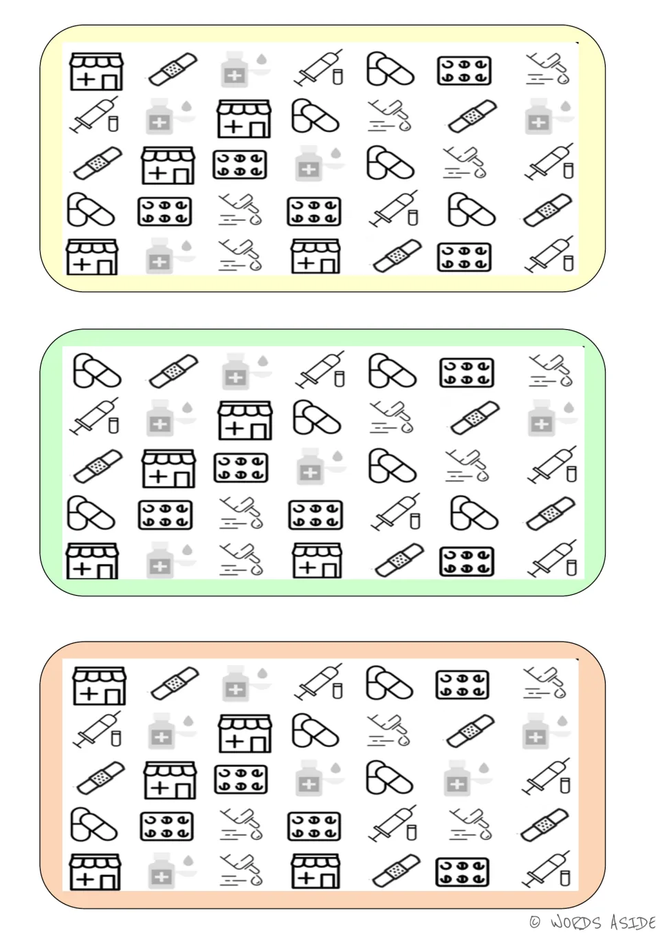 Vocabulary comparison boards: three medical picture sets with pharmacies, bandages, medicine, and syringes