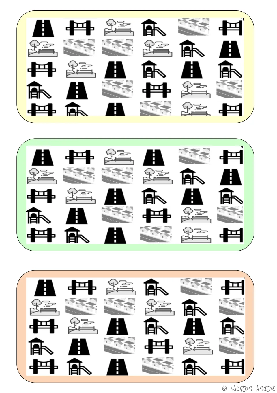 Three vocabulary comparison boards showing roads, bridges, parks, playground slides, and houses with differences