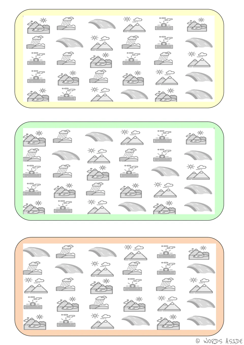 Vocabulary comparison boards: three sets of mountain, rain, wave, sunset, and lake scenes to spot differences