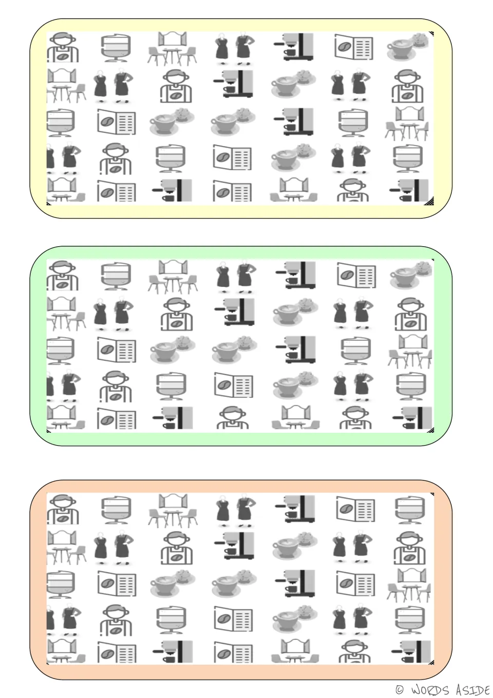 Three café vocabulary boards for finding differences feature workers, tables, menus, coffee machines, and cups.