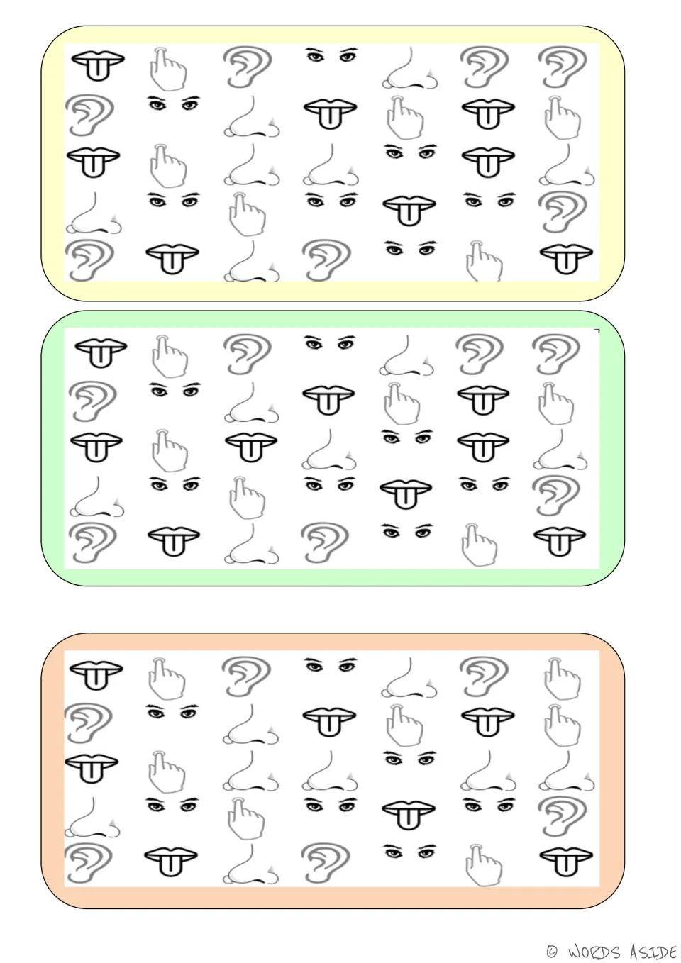 Three vocabulary boards for finding differences in repeated pictures of tongues, fingers, ears, eyes, and noses.