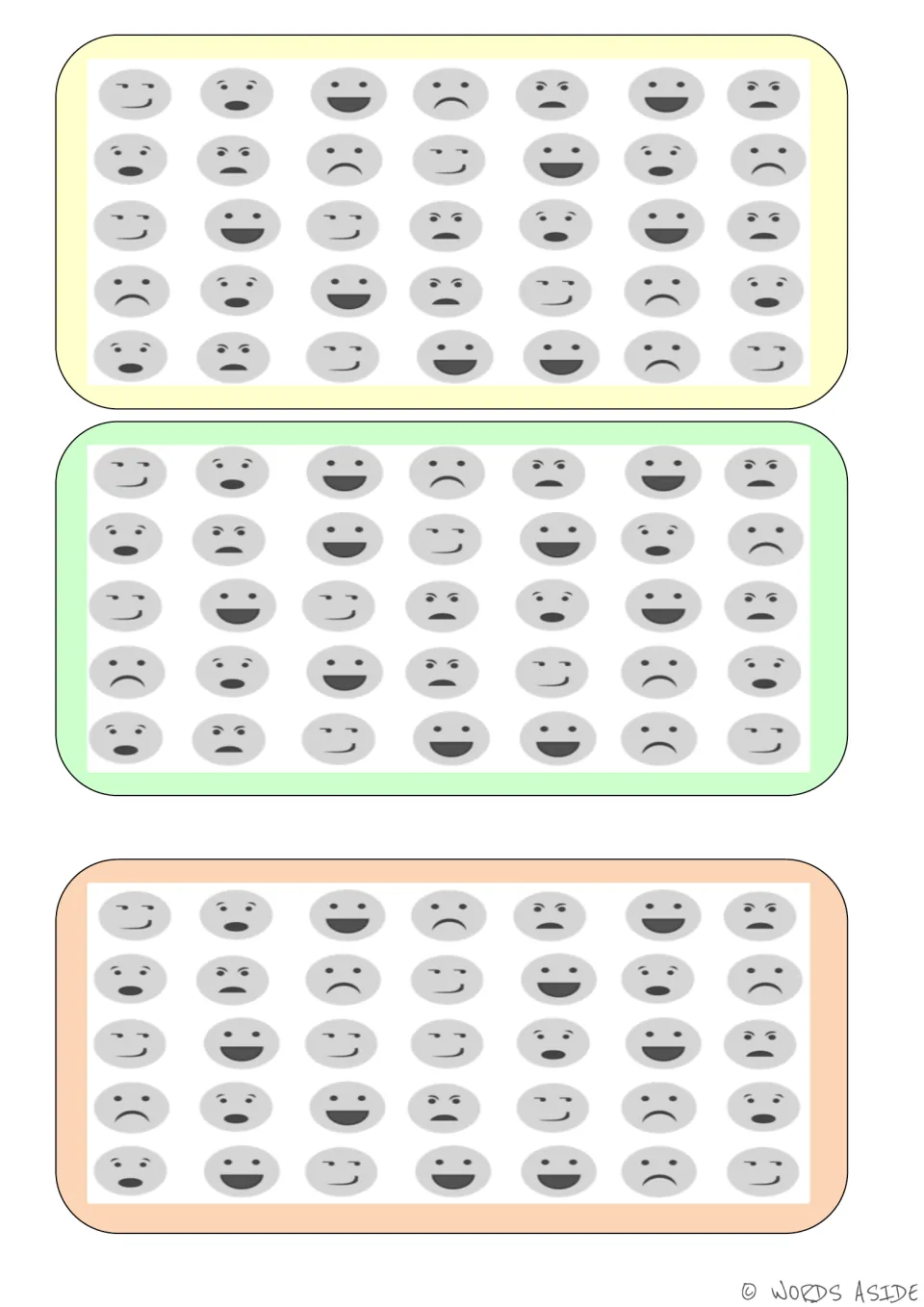 Three vocabulary boards for finding differences, each showing 35 faces with varied eyes and mouth expressions.