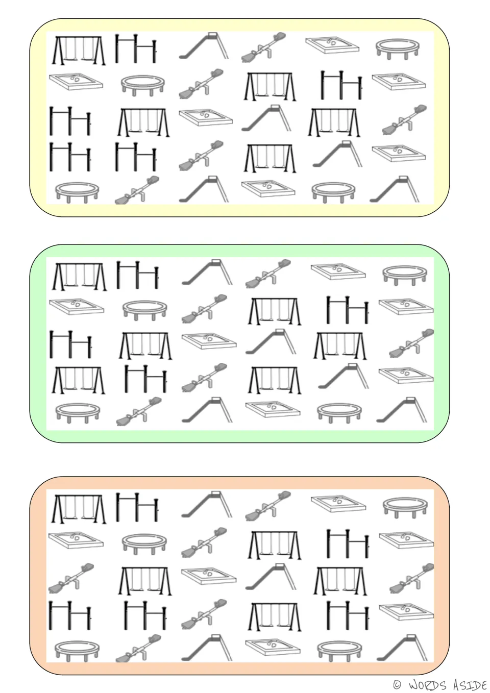 Three vocabulary comparison boards showing swings, slides, seesaws, sandboxes, trampolines, and climbing bars