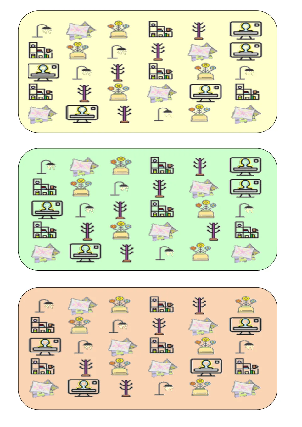 Three vocabulary boards for finding differences among lamps, flowers, coat racks, computer screens, and more.