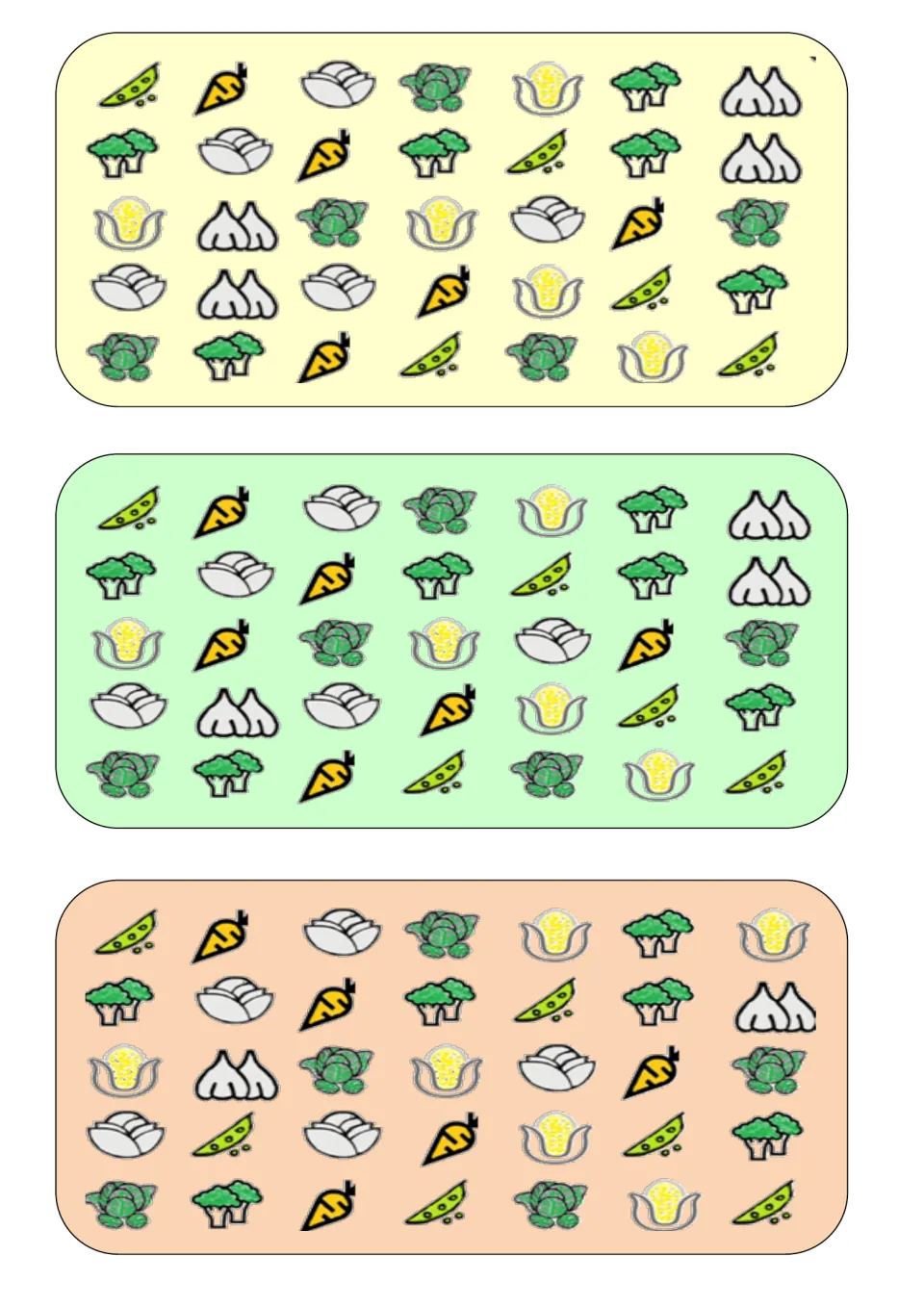 Three vocabulary boards for spotting differences, each showing peas, carrots, corn, broccoli and other vegetables
