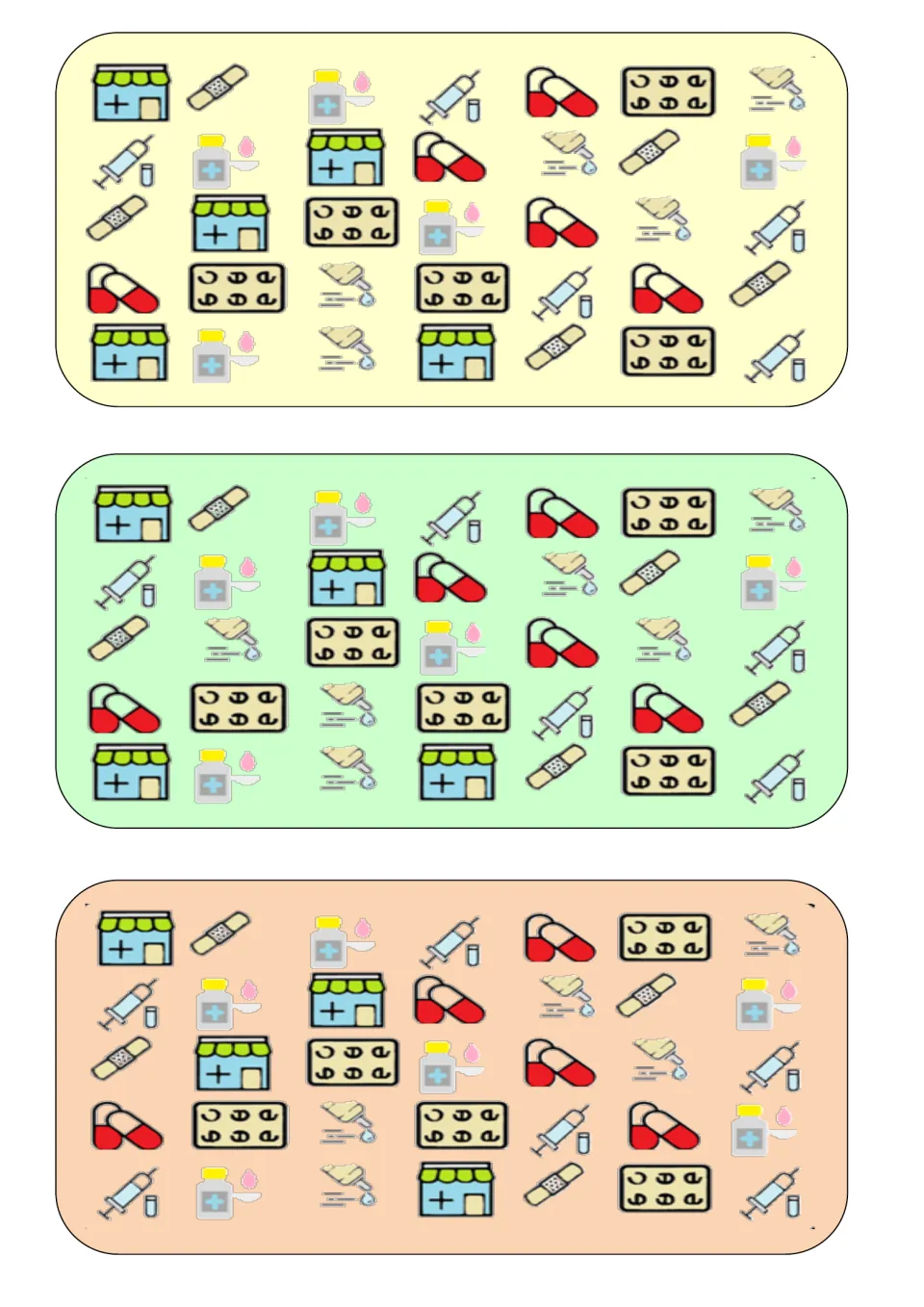 Three vocabulary comparison boards show pharmacies, bandages, syringes, pills, medicine bottles, and droppers.