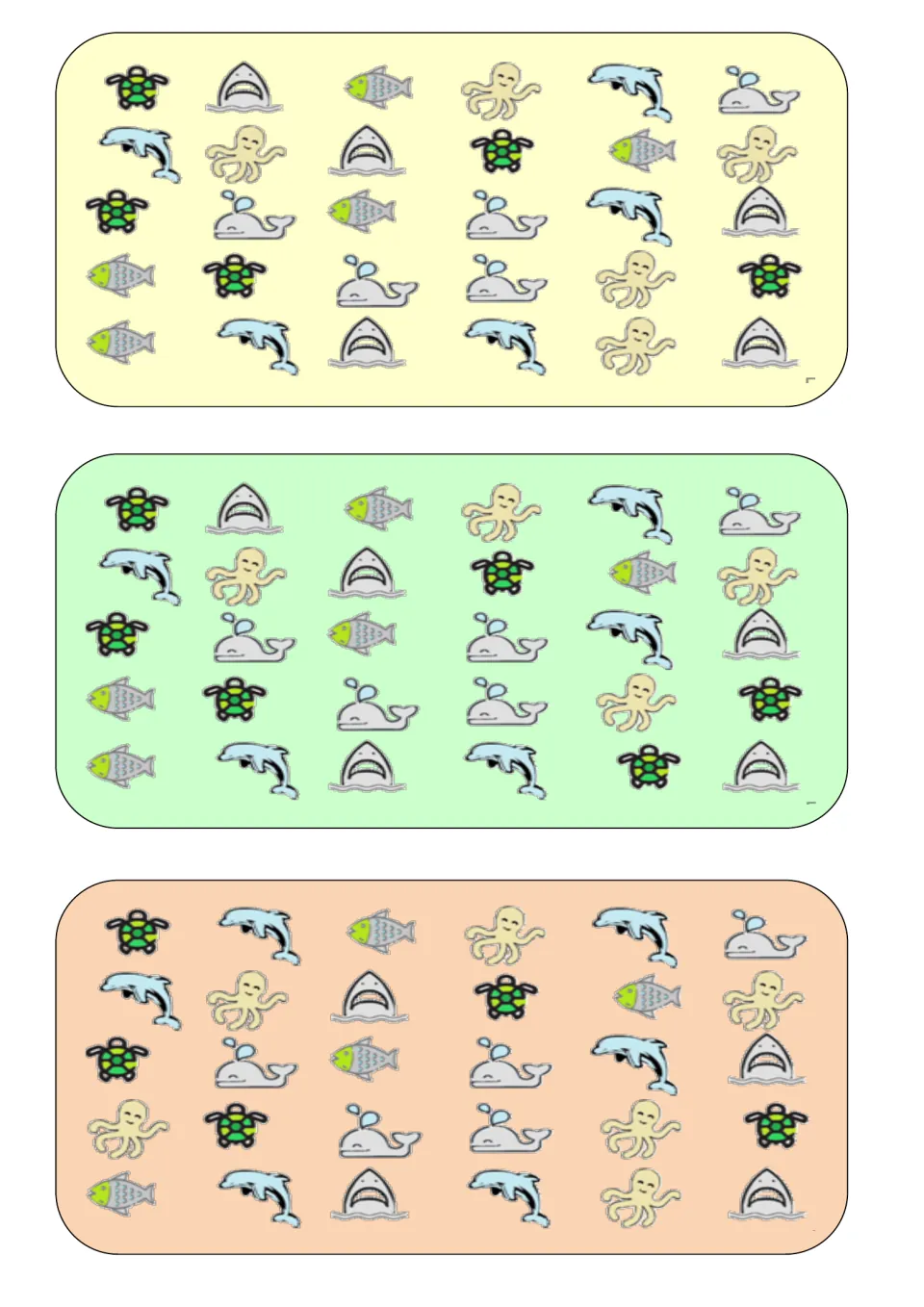 Three vocabulary comparison boards with turtles, sharks, fish, octopuses, dolphins, and whales to compare