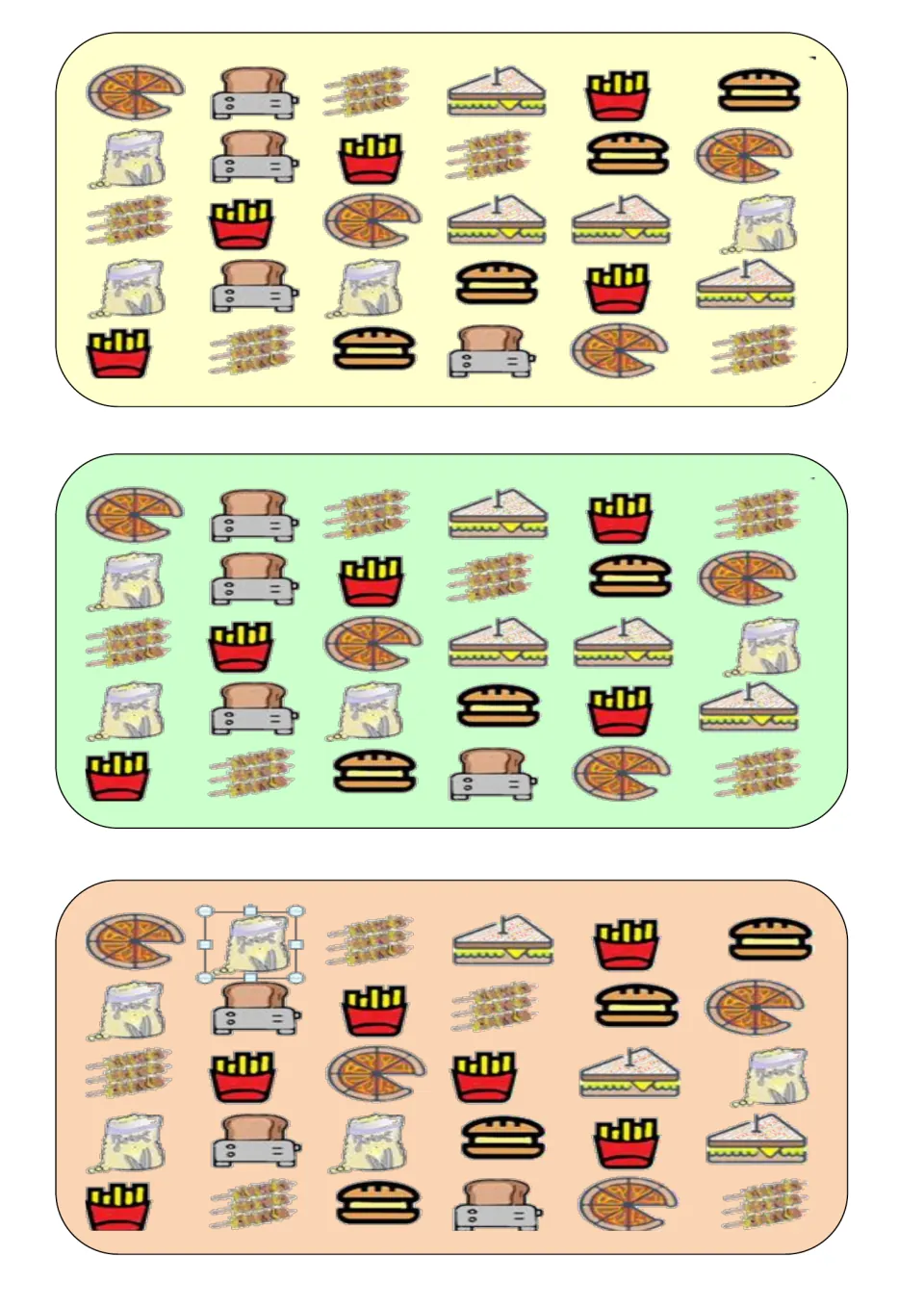 Food vocabulary comparison boards for finding differences: pizza, toast, fries, sandwiches, burgers, and more