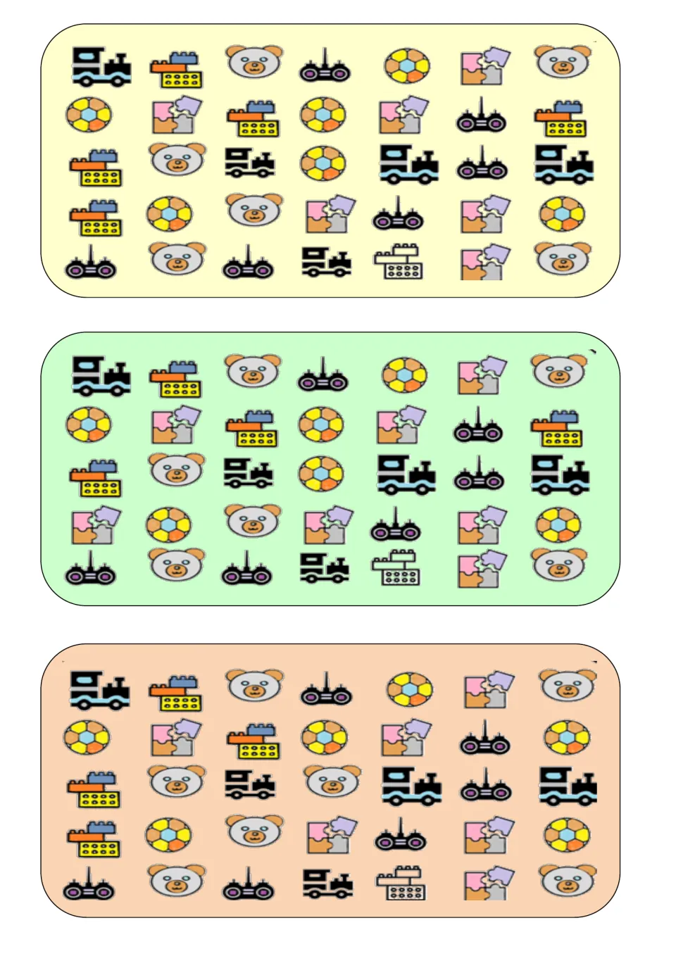 Three vocabulary boards for comparing differences in toy trains, blocks, bears, balls, puzzles, and remotes.