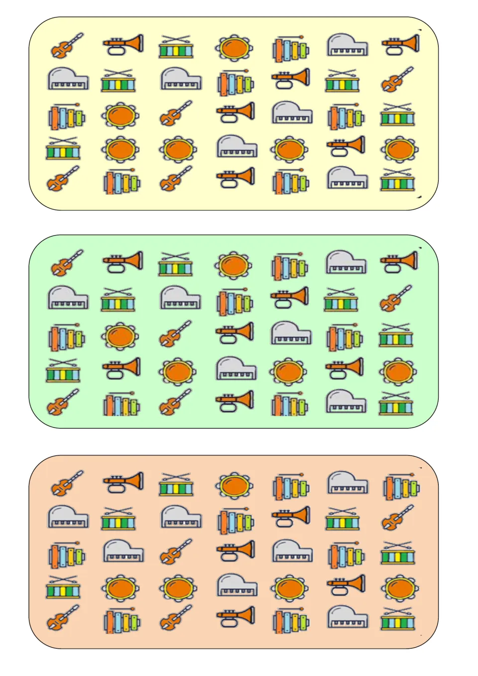 Three vocabulary boards for spotting differences: violins, trumpets, drums, tambourines, pianos, and xylophones