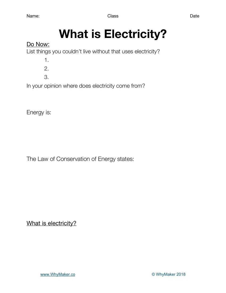 Guided notes page 1: everyday uses of electricity, energy, and the Law of Conservation of Energy.