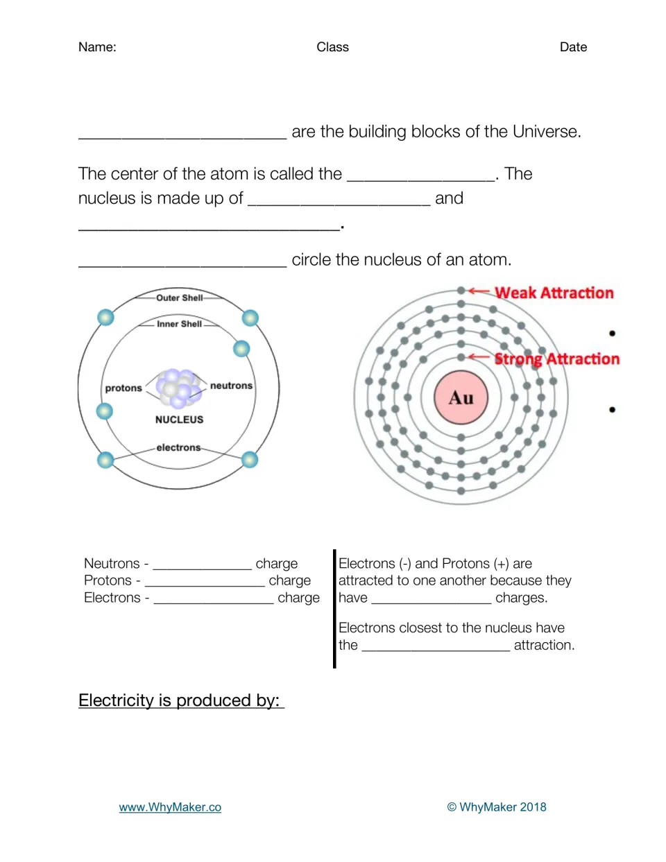 Guided notes page 2: atomic structure, proton, neutron, and electron charges, and electrical attraction.