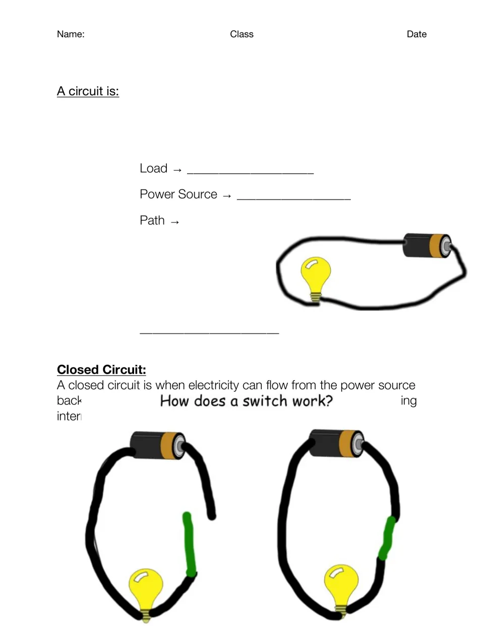 Guided notes page 3: circuit definitions, load, power source, path, and diagrams showing how a switch works.