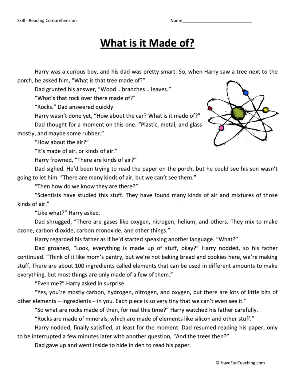 Reading passage about Harry asking his dad what trees, rocks, cars, air, and people are made of.