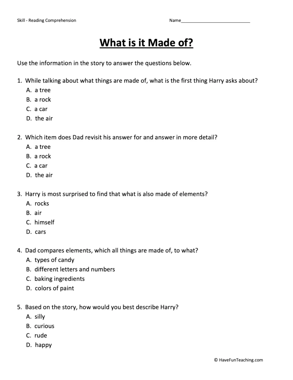 Five multiple-choice reading questions about Harry's curiosity, his dad's answers, and elements.