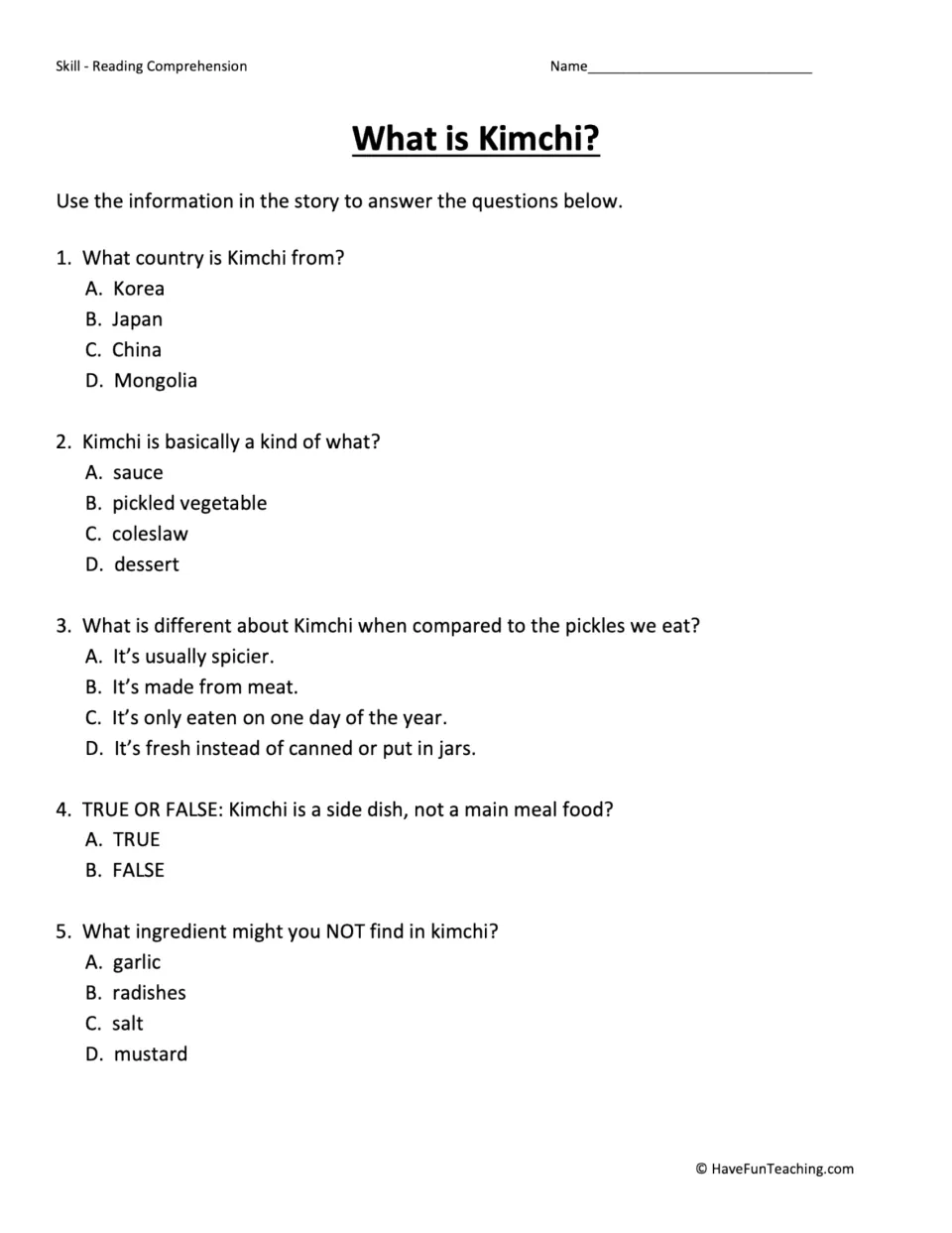 Comprehension questions 1–5 about kimchi's origin, vegetables, spiciness, side dish role, and ingredients.