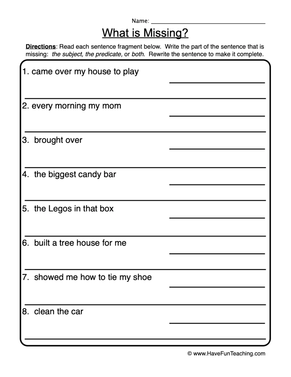 Sentence fragments: students name the missing subject, predicate or both in 8 items, then rewrite each as a full sentence