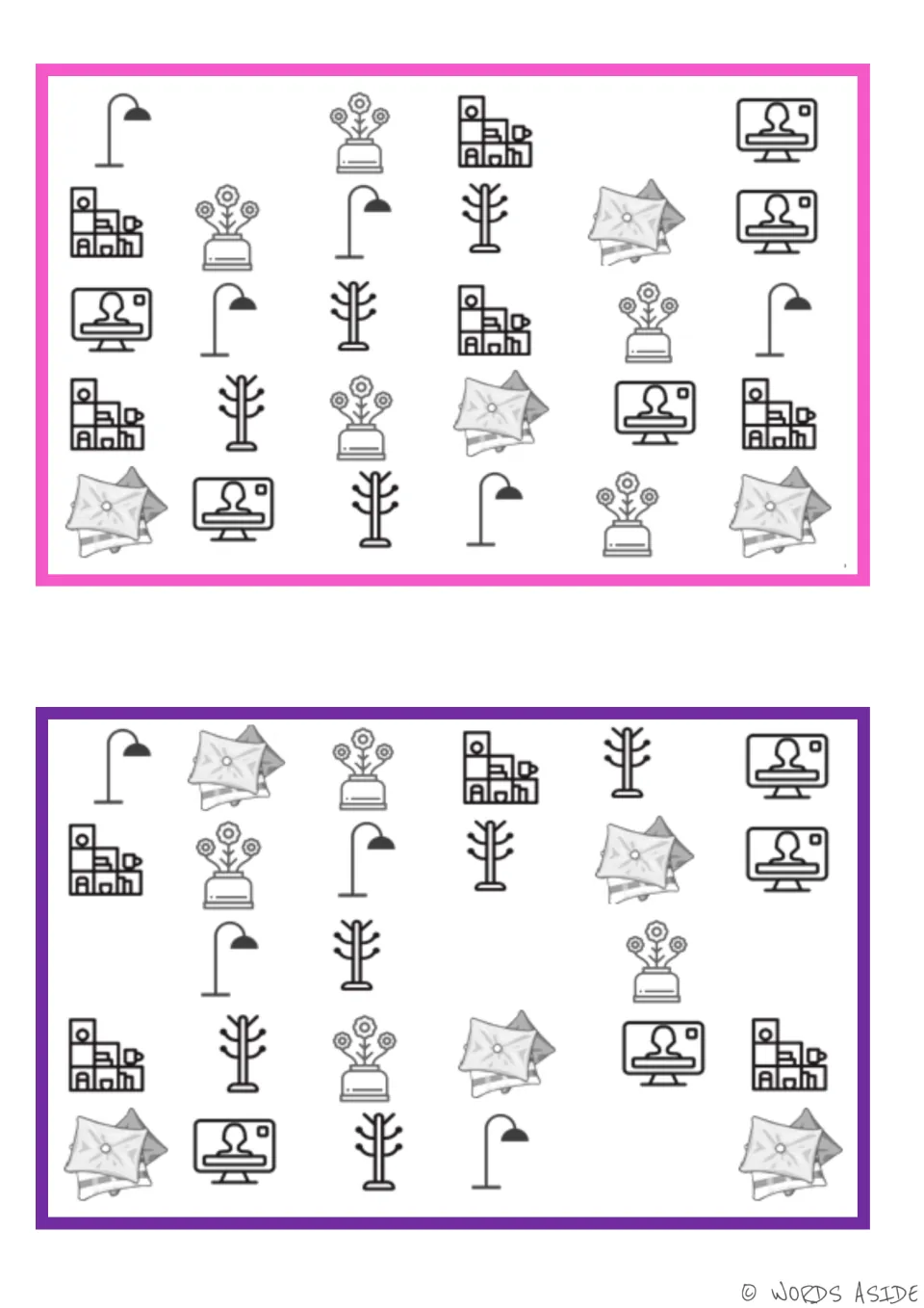 Vocabulary board pair for naming missing objects: lamps, shelves, flowers, coat racks, cushions, and screens