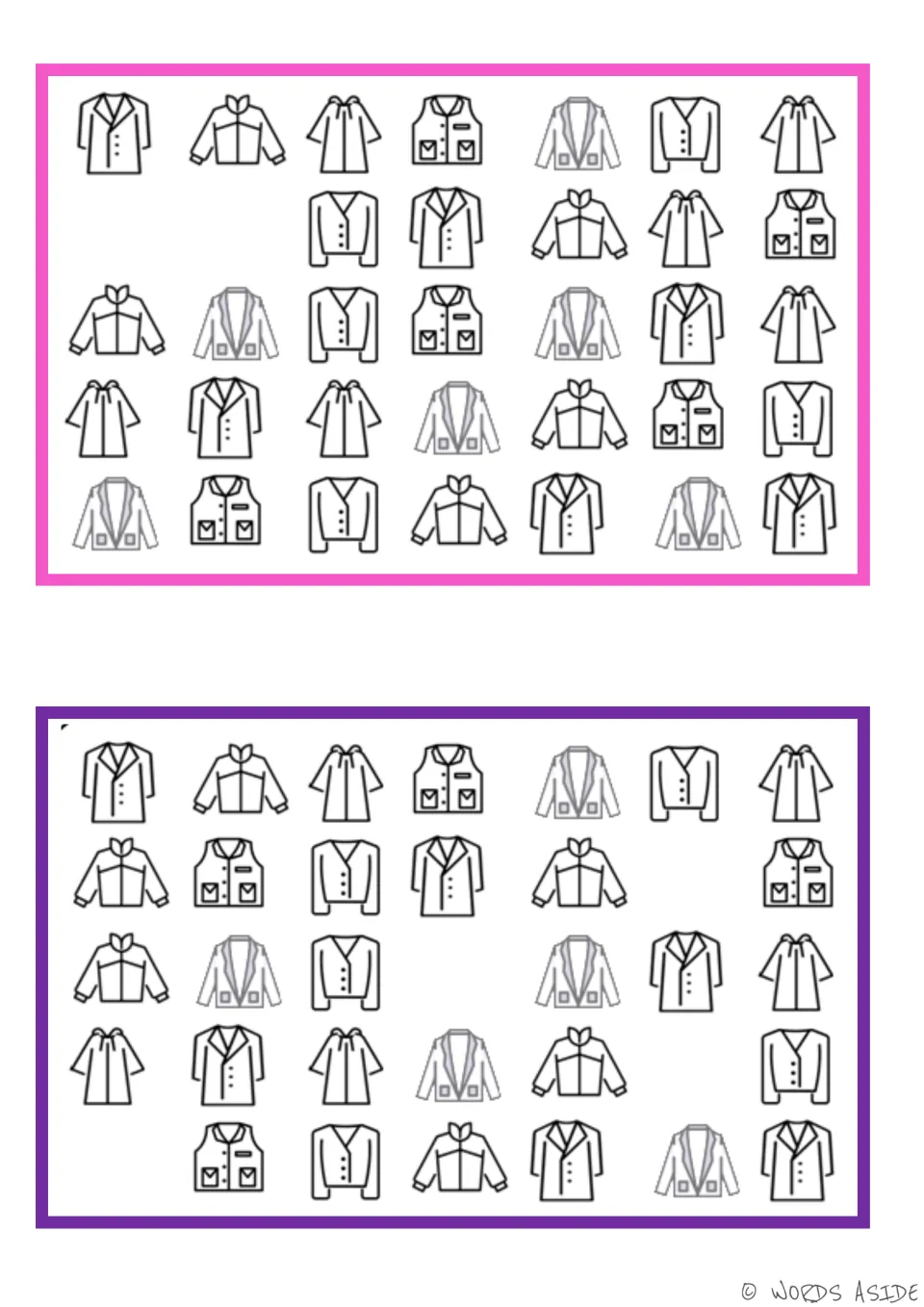 Vocabulary boards for identifying missing clothing: two sets of coats, jackets, vests, and cardigans.
