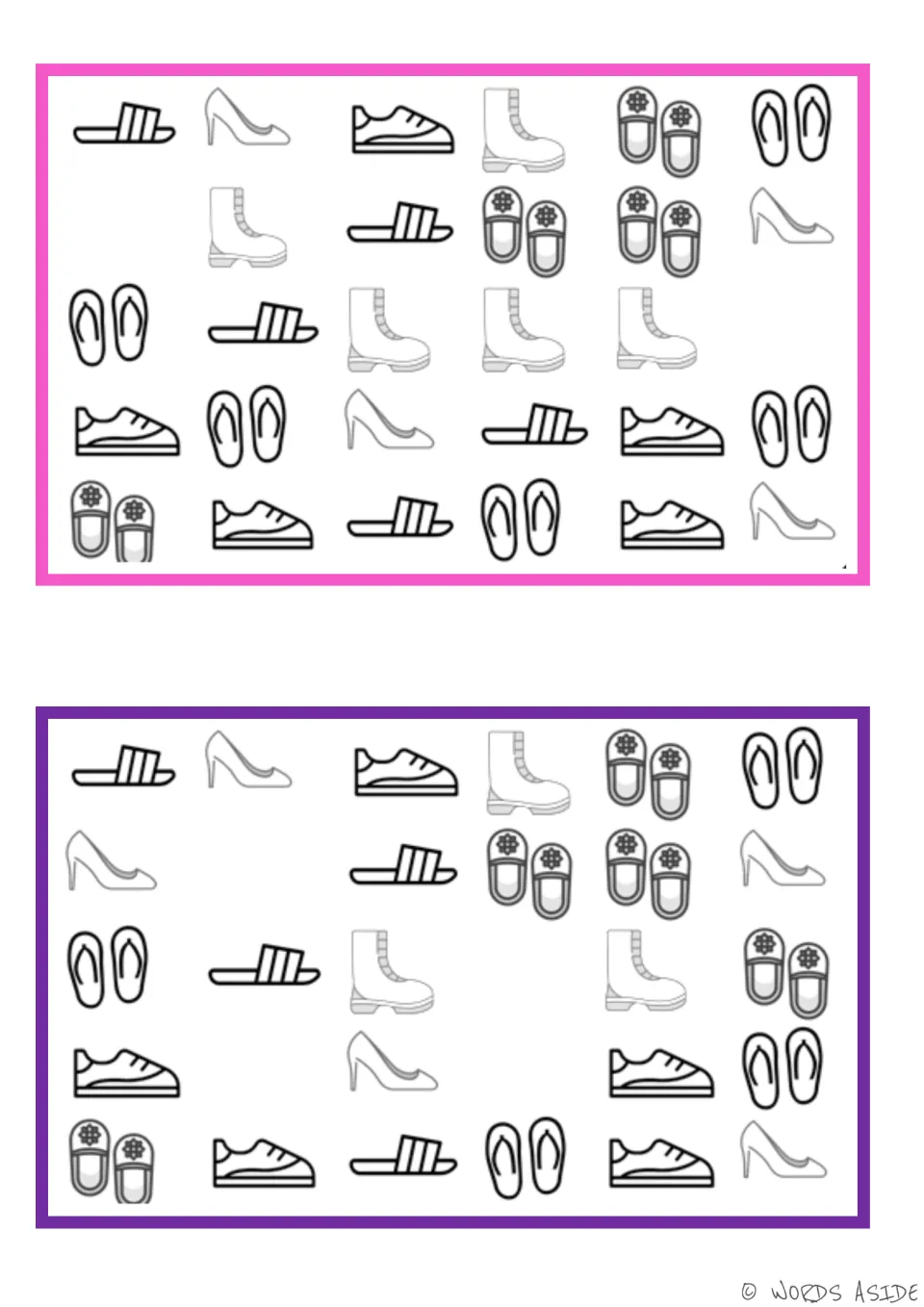 Two footwear vocabulary boards for finding missing pictures: slides, heels, sneakers, boots, and flip-flops.
