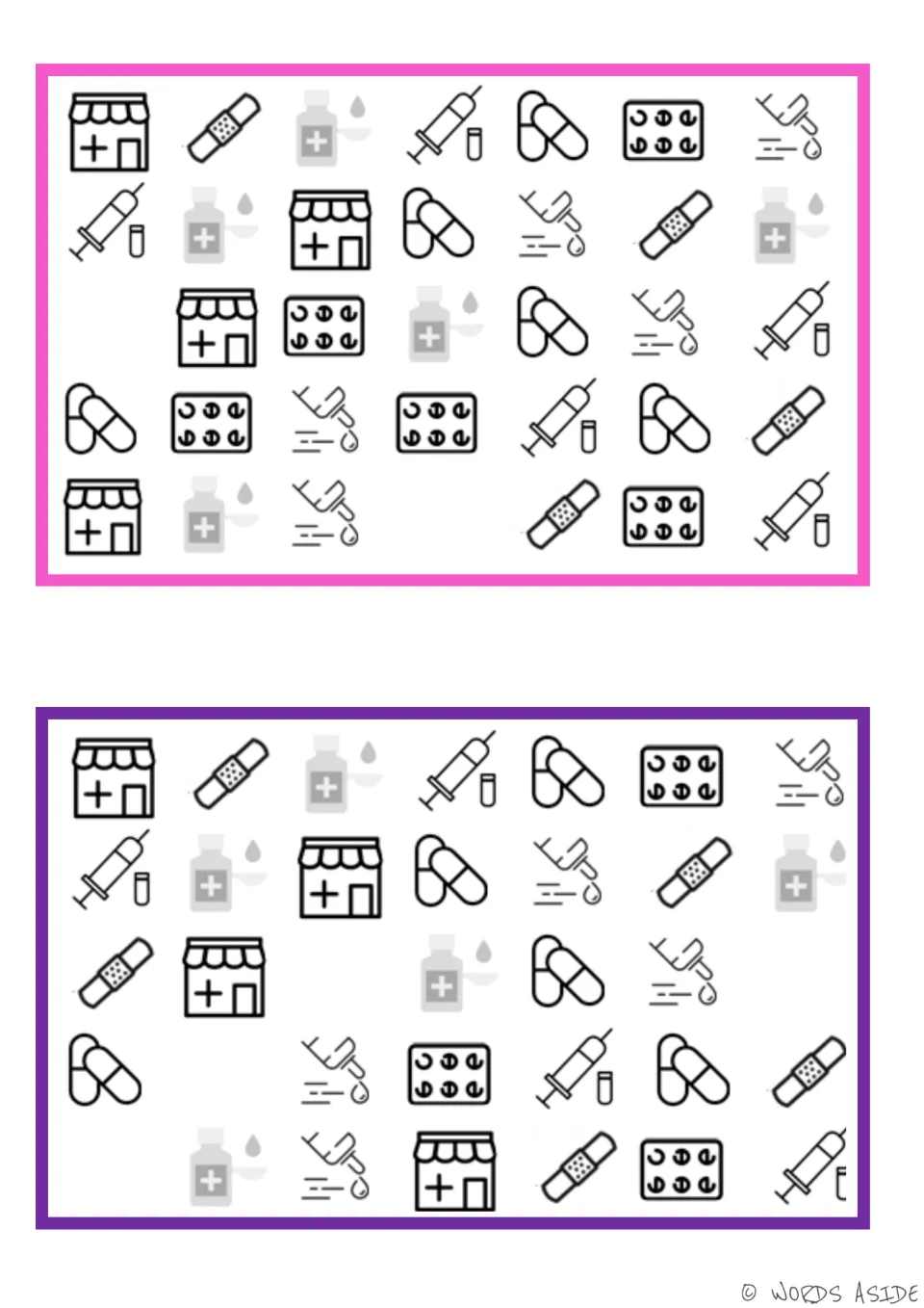 Two medical vocabulary boards for identifying missing items: pharmacies, bandages, pills, syringes, and drops.