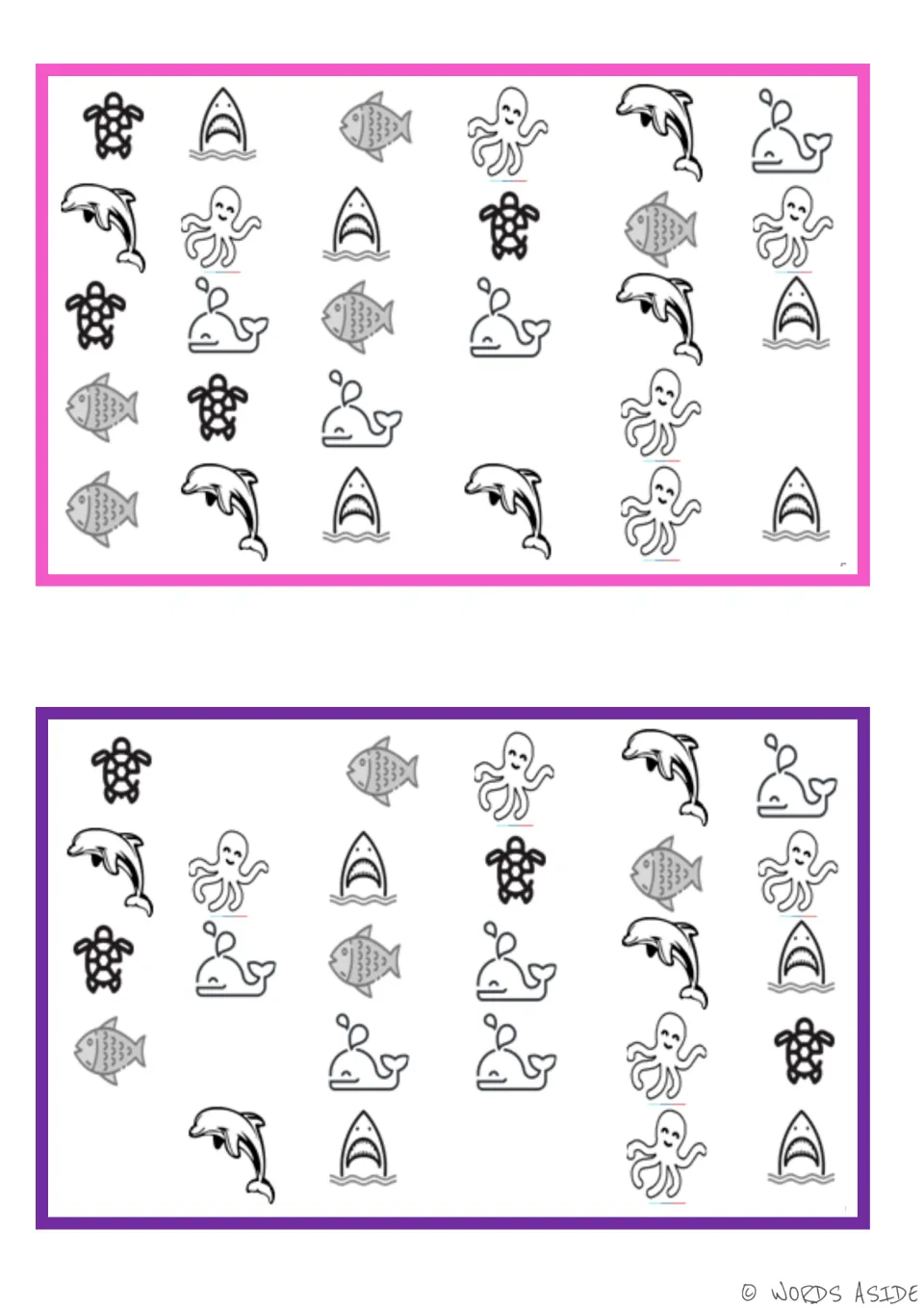 Two missing-item vocabulary boards featuring turtles, sharks, fish, octopuses, dolphins, and whales.