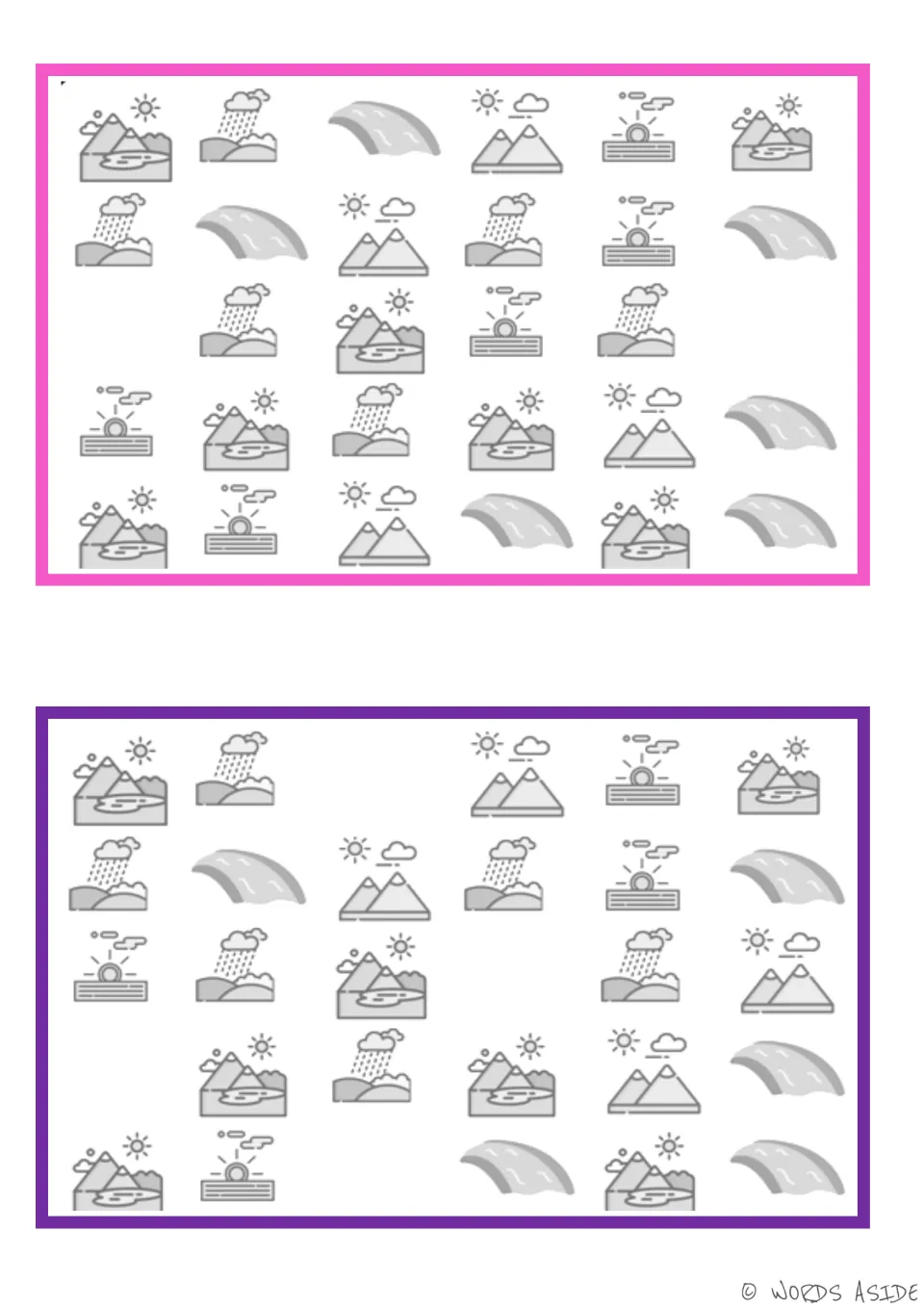 Vocabulary comparison boards 1–2 show repeated mountains, rain clouds, rivers, and sunsets to compare.