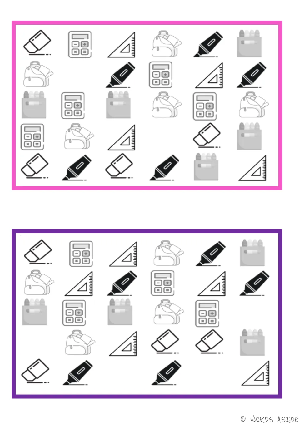 Vocabulary comparison boards for identifying missing school supplies: erasers, calculators, rulers and more.