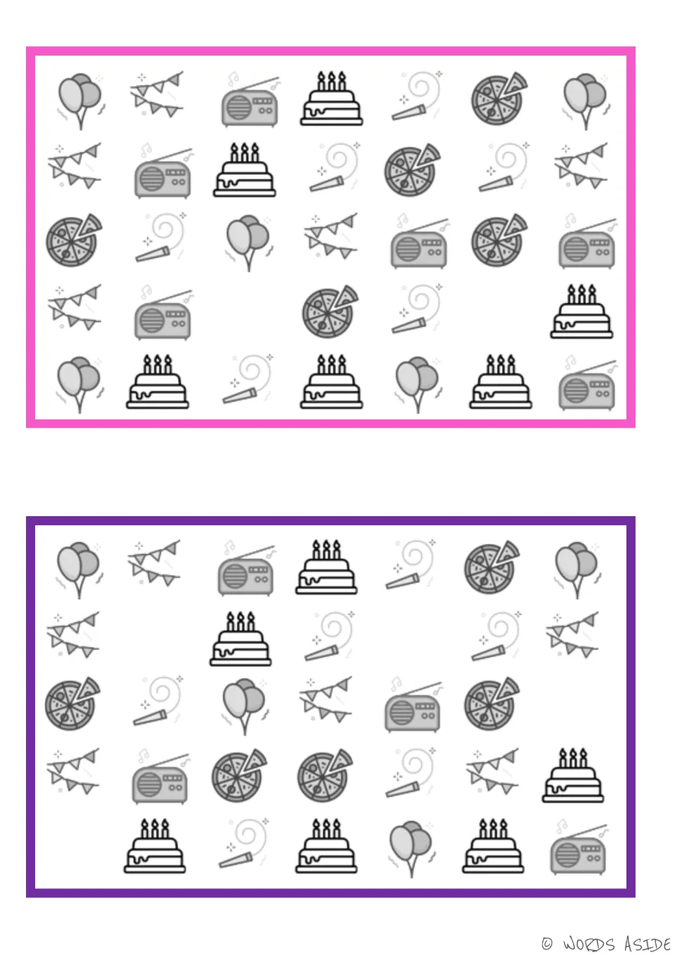 Two vocabulary boards for finding missing party items: balloons, cakes, pizzas, radios, banners, and party horns.