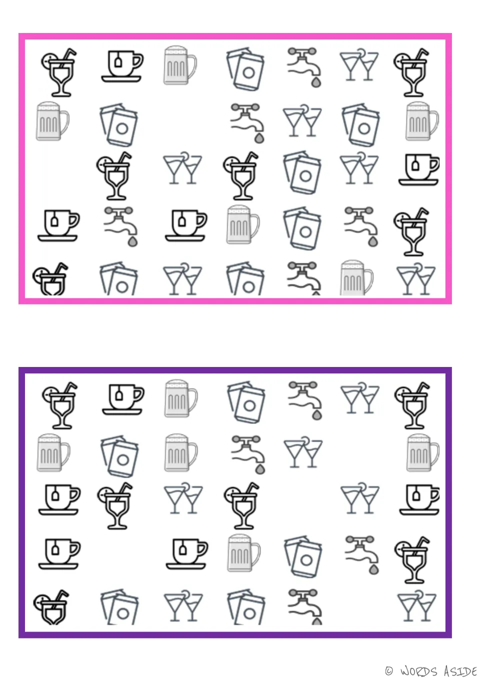 Vocabulary boards for finding missing pictures, featuring tea cups, mugs, faucets, and drinking glasses.