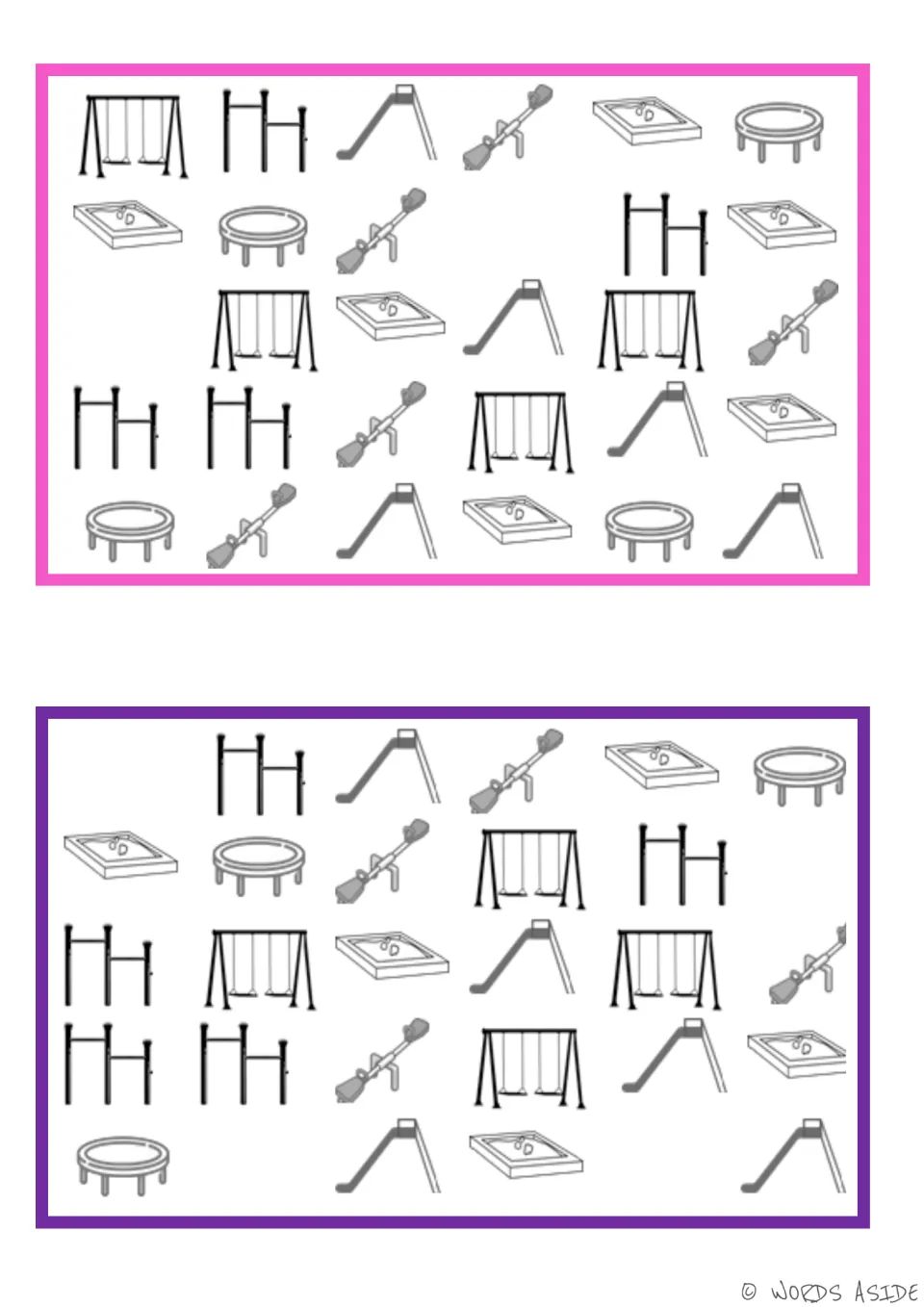 Two vocabulary boards for finding missing playground items: swings, slides, seesaws, sandboxes, and trampolines.