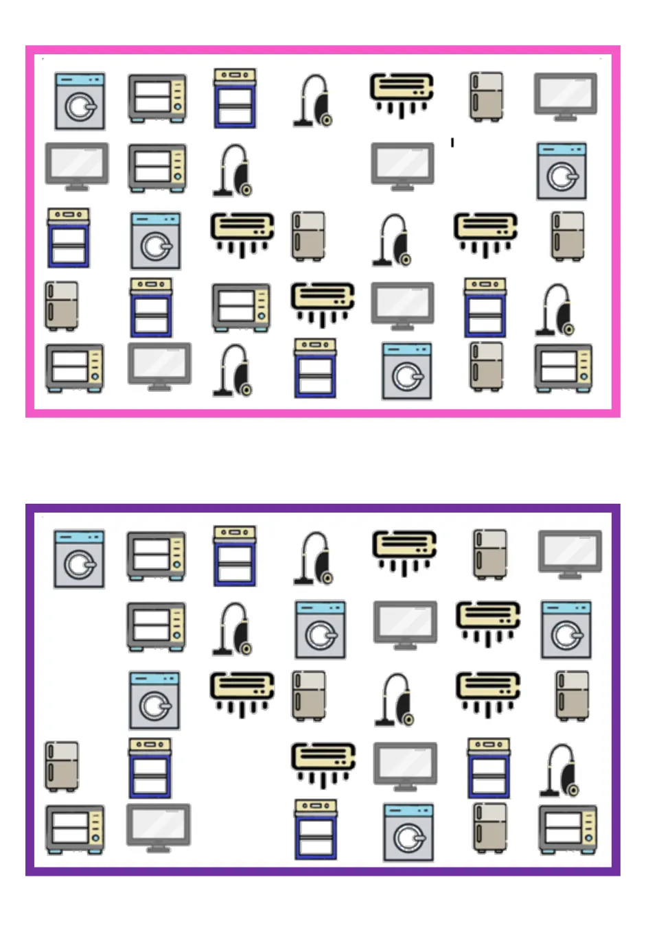 Two vocabulary boards for identifying missing appliances: washing machines, ovens, vacuums, TVs, and more.