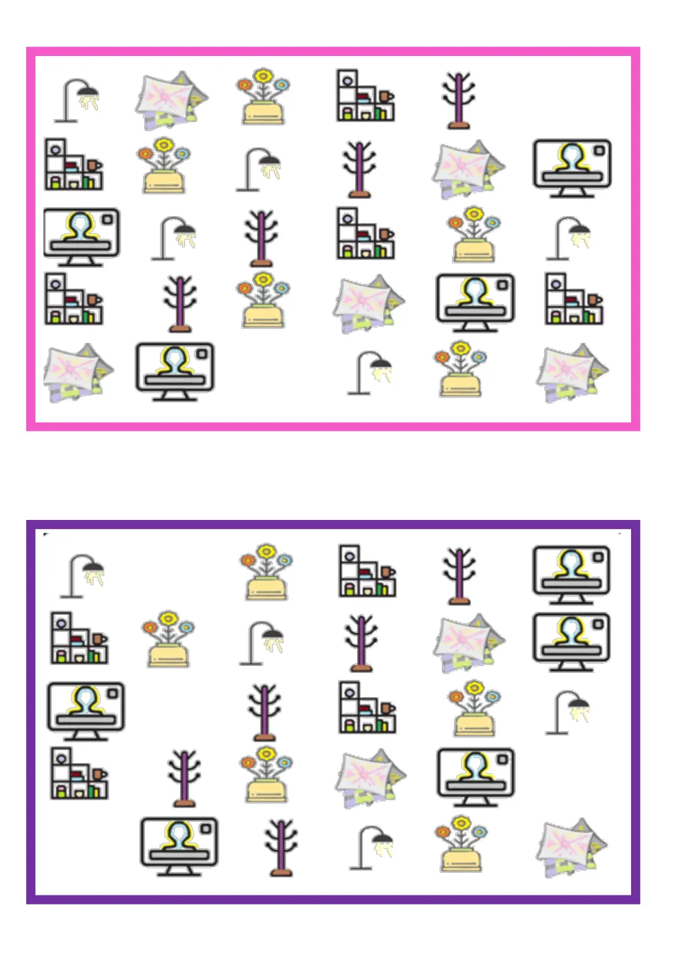 Two vocabulary boards for finding missing pictures: lamps, maps, flowers, shelves, coat racks, and computers.