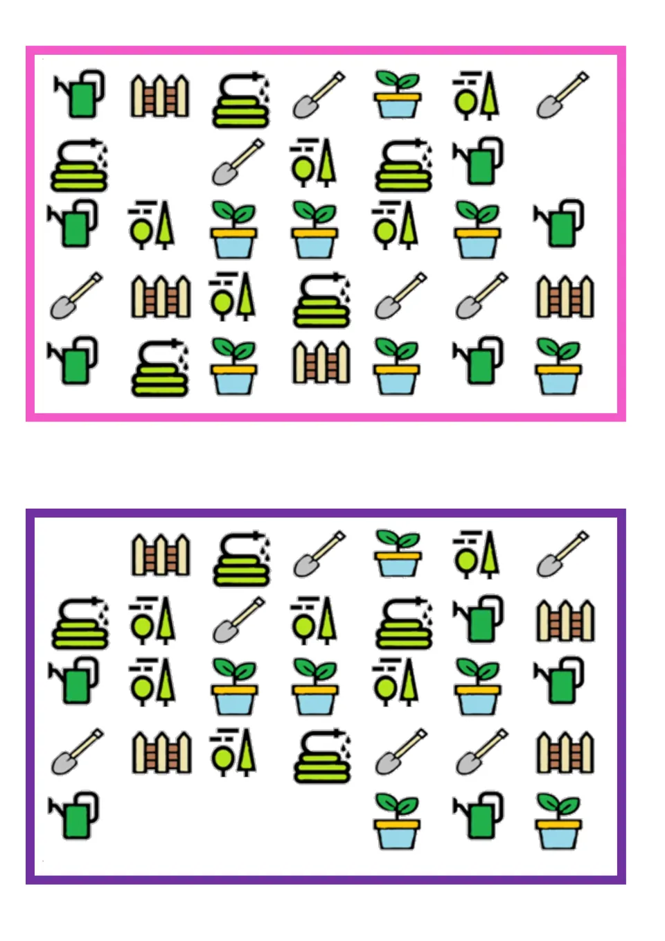 Vocabulary comparison boards for finding missing pictures: watering cans, hoses, trowels, plants, and fences.