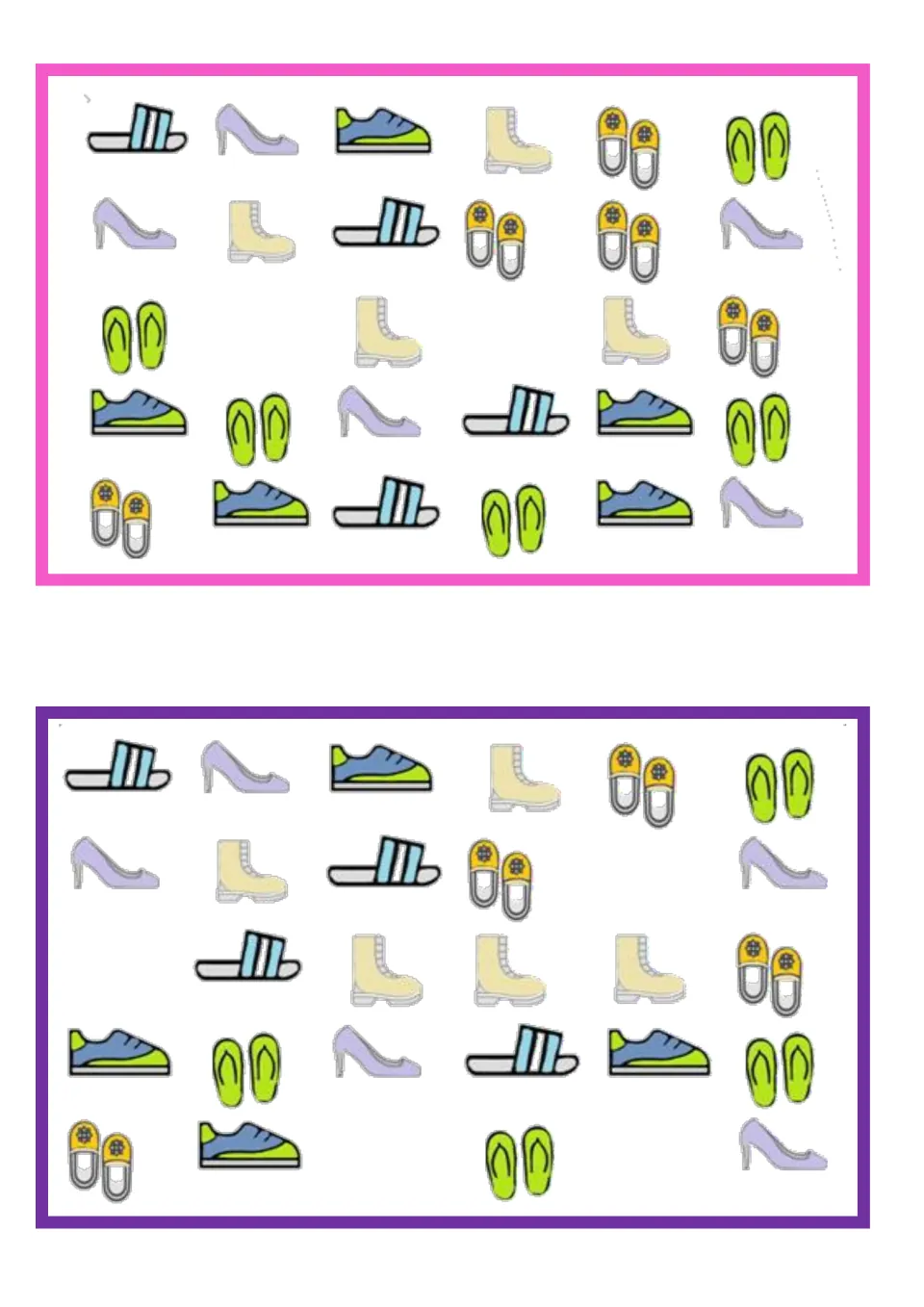 Two missing-item vocabulary boards showing slide sandals, heels, sneakers, boots, slippers, and flip-flops.