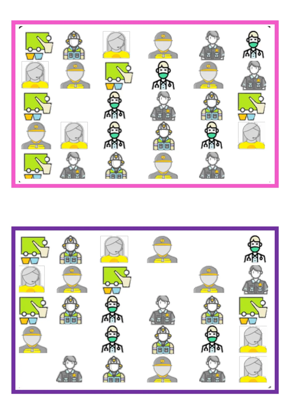 Two vocabulary boards for finding missing community helper pictures, including doctors, firefighters, and police.