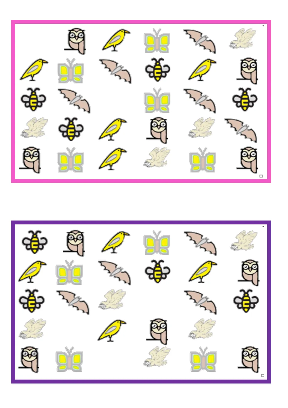 Two vocabulary boards for finding missing pictures, featuring bees, owls, birds, butterflies, and bats.