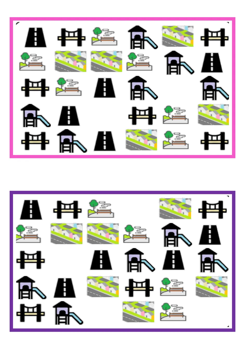 Two vocabulary boards for finding missing pictures: roads, bridges, parks, playground slides, and houses.