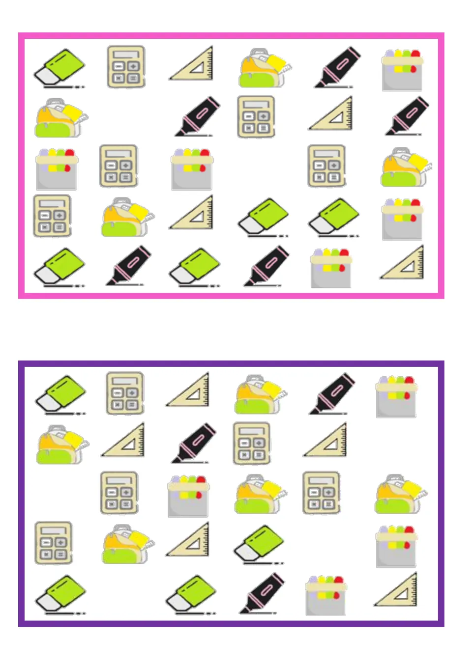 Vocabulary board pair for finding missing school supplies: erasers, calculators, rulers, bags, and crayons