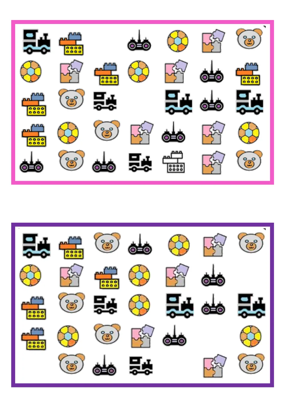 Two vocabulary boards for identifying missing toys: trains, blocks, balls, bears, puzzles, and remote controls.