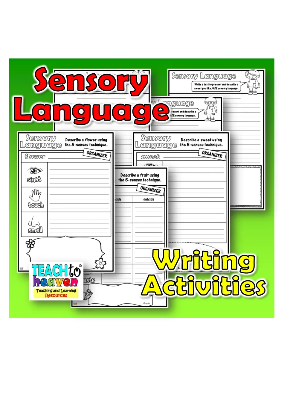 Sensory Language Writing Activities cover showing flower, sweet and fruit 5-senses organizers plus writing pages