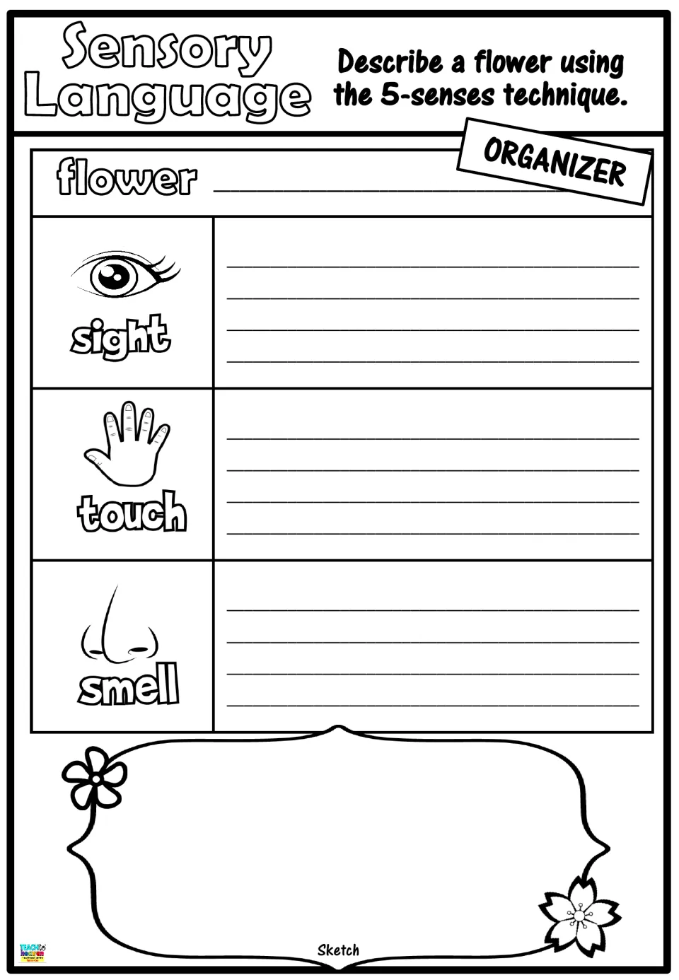 Sensory language flower organizer: students name a flower and note sight, touch and smell details, then sketch it