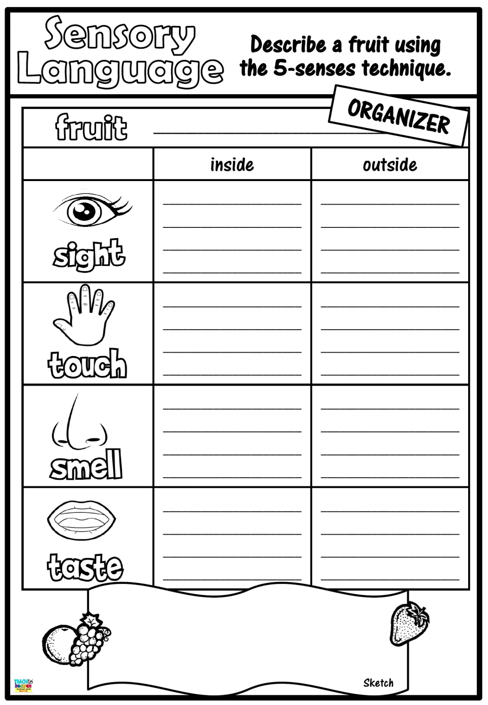 Fruit 5-senses organizer: students note sight, touch, smell and taste details for the inside and outside of a fruit