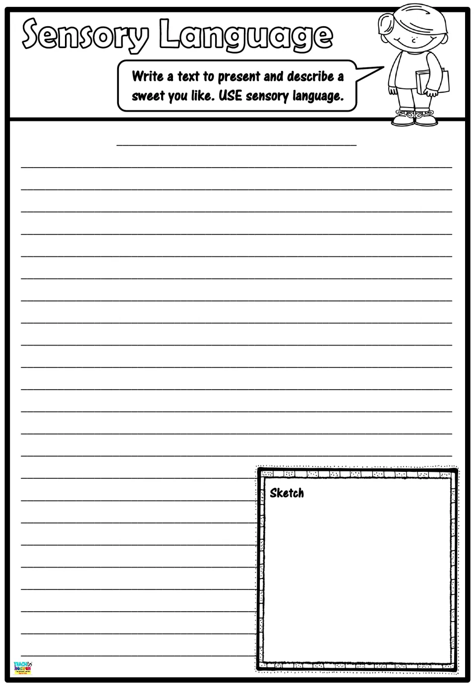 Sweet description writing: students write a text presenting a sweet they like using sensory language, with a sketch