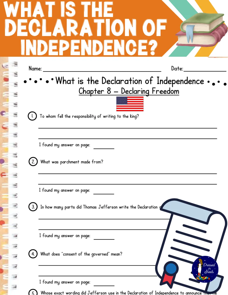 Declaration of Independence reading questions cover showing the Chapter 8 Declaring Freedom question page