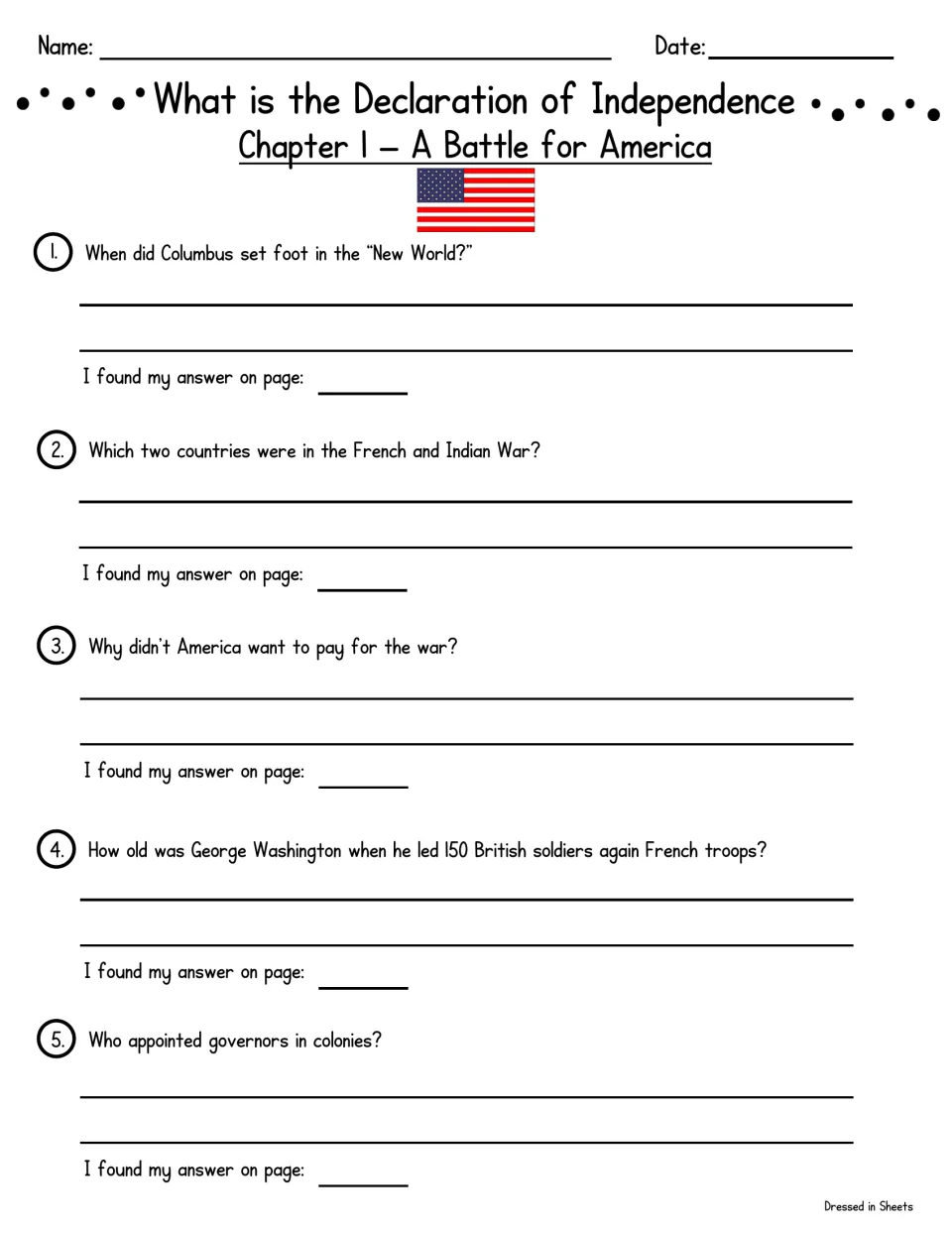Chapter 1, A Battle for America: students answer 5 questions on Columbus and the French and Indian War, citing the page
