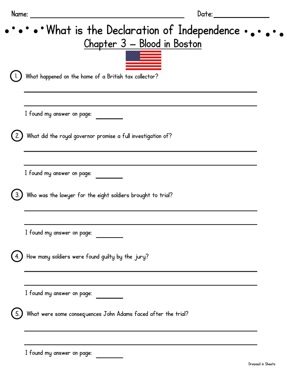 Chapter 3, Blood in Boston: students answer questions on the soldiers' trial, the jury verdict and John Adams