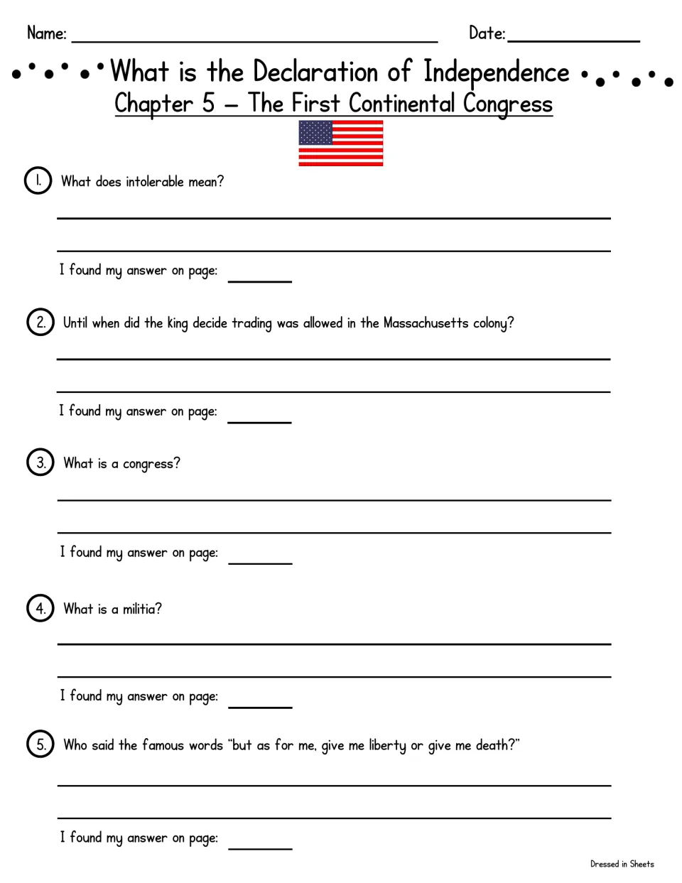 Chapter 5, The First Continental Congress: students define intolerable, congress and militia and name a speaker