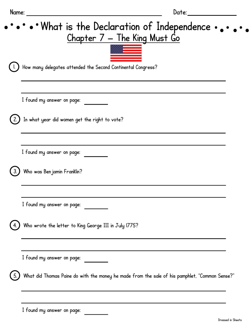 Chapter 7, The King Must Go: students answer questions on the Second Continental Congress, Franklin and Thomas Paine