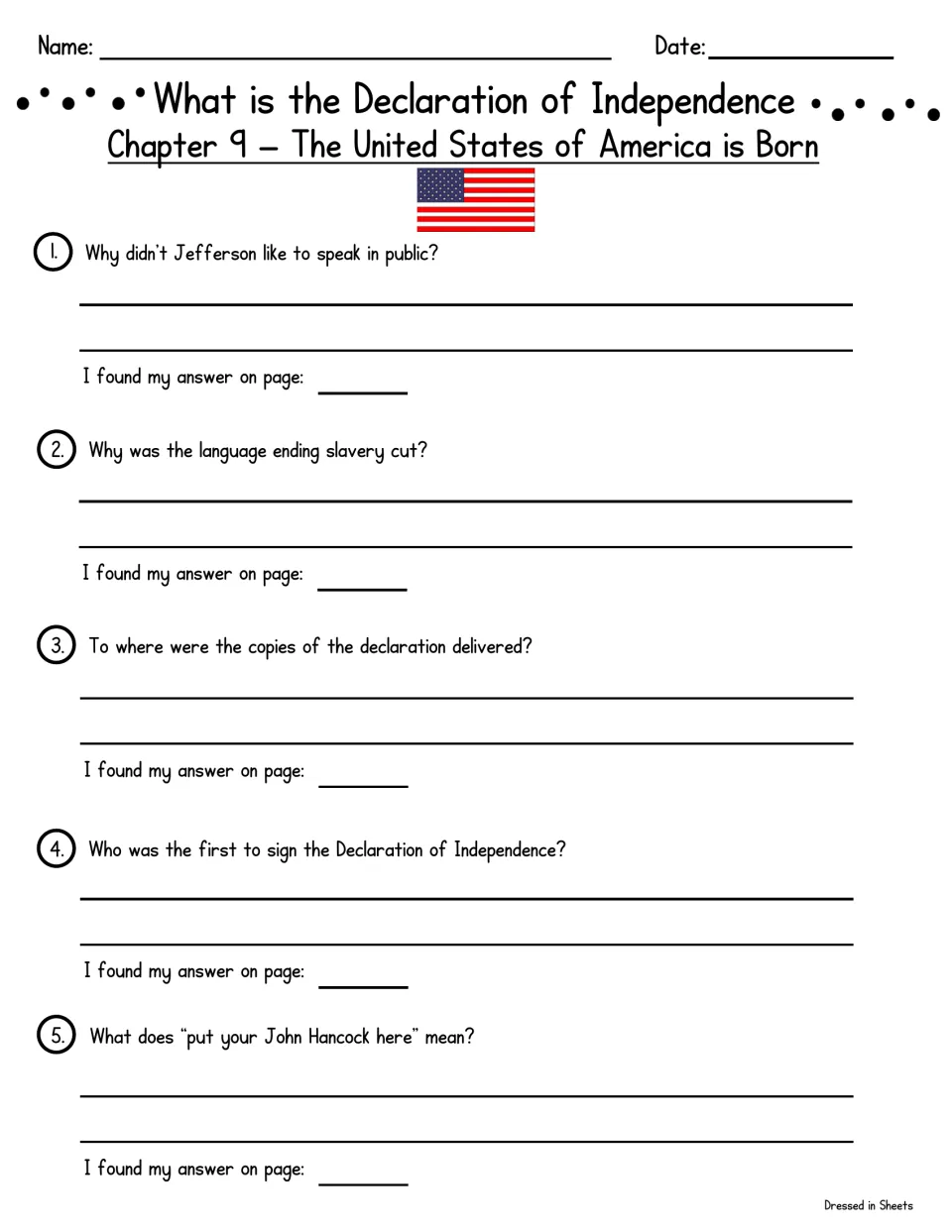 Chapter 9, The United States of America is Born: students answer questions on Jefferson, signing and John Hancock